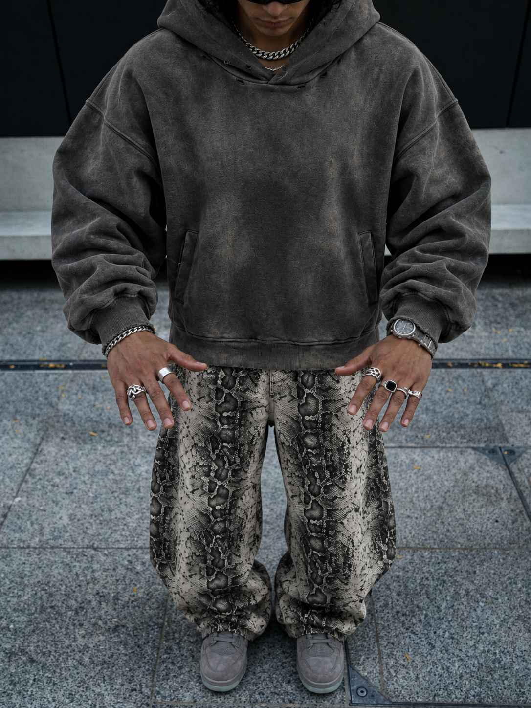 Sunfade Distressed Boxy Hoodie - Dark Gray