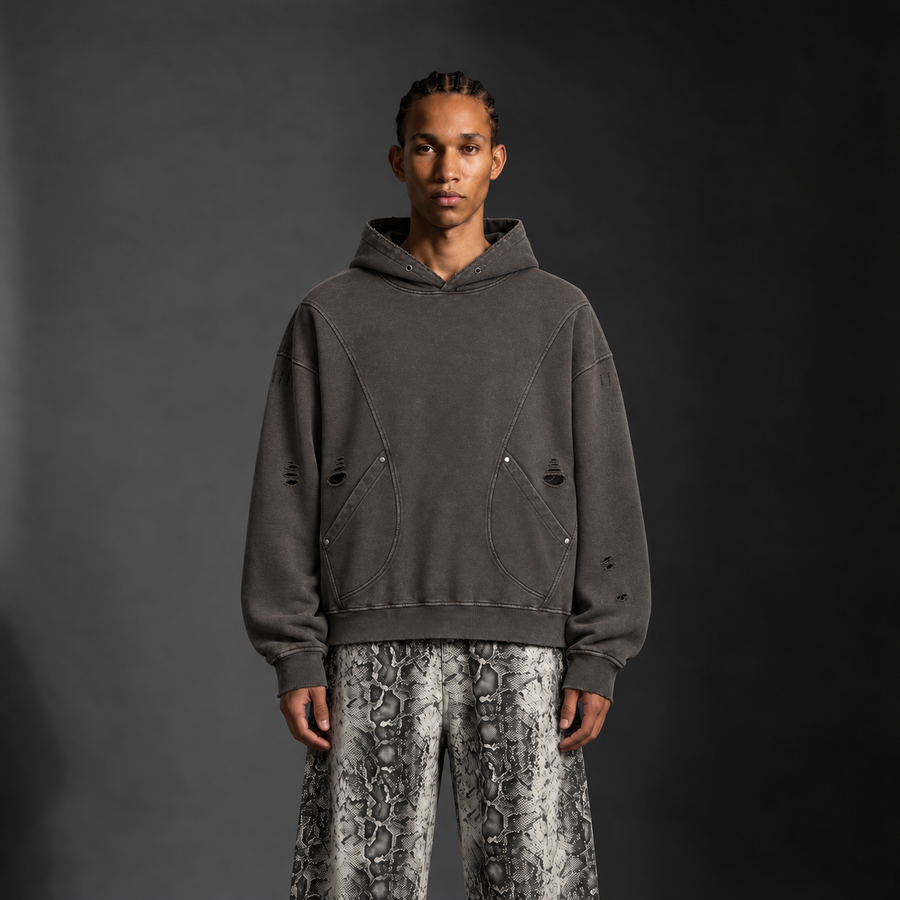 Distressed Panel Pocket Hoodie - Coffee