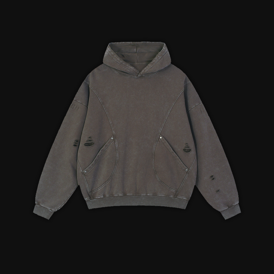 Distressed Panel Pocket Hoodie - Coffee
